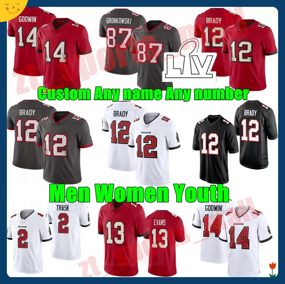 

2 Kyle Trask Custom Mens 12 Tom Brad 9 Joe Tryon Football Jerseys 13 Mike Evans 87 Rob Gronkowski Women Mike Evans Youth Chris Godwin, Black;red