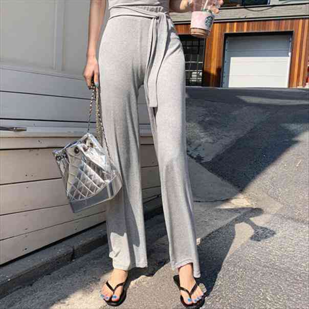 

Female Grey Fitness Women Two Pieces Sets Summer Cotton T Shirt Set Wide Legged Pants Casual Tops High Waist Trousers, Gray