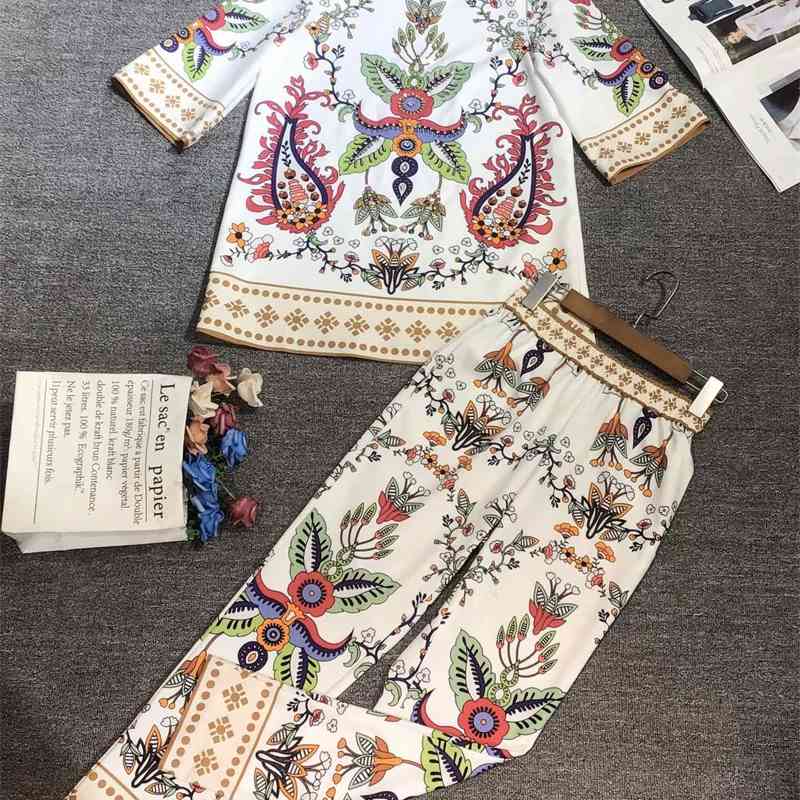

Truevoker Spring Runway Fashion Sets Suit Half Sleeve Totem Print Diamond Blouse + Pant Suit Resort Party Two Piece Set 210602, White