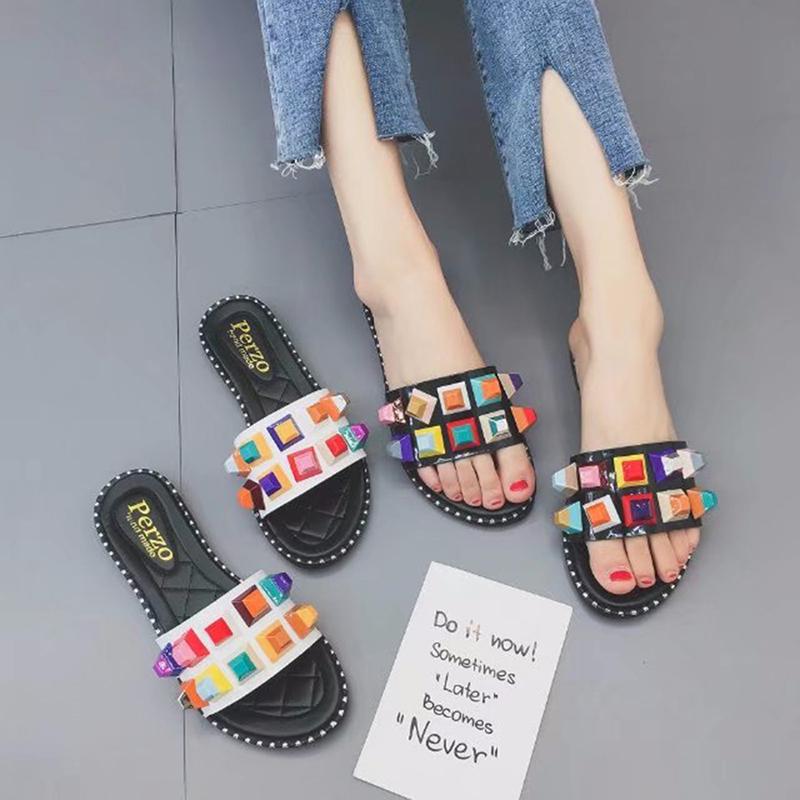 

Colorful Slide Women Flat Sandals Fashion Stud Shoes Summer Beach Slipper Plastic Casual Footwear, Black