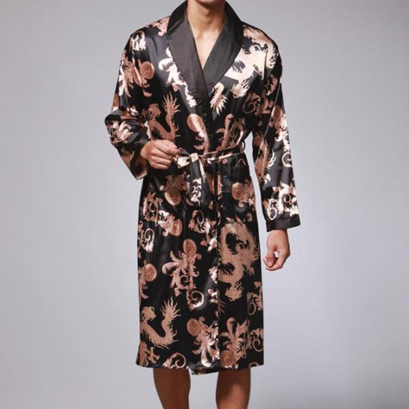 

Plus Size Men's Sleepwear Bathrobe Silk Kimono Long Sleeve Robes Dressing Gown Print Satin Pajamas Men Night Peignoir Homme
