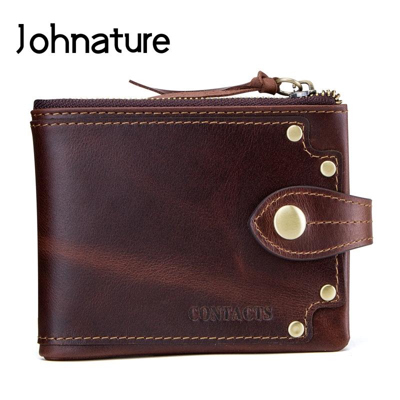 

Wallets Johnature 2021 Crazy Horse Leather Vintage Solid Rivet Sewing Thread Zipper & Hasp Short Standard Men Tri-fold Purse, Brown