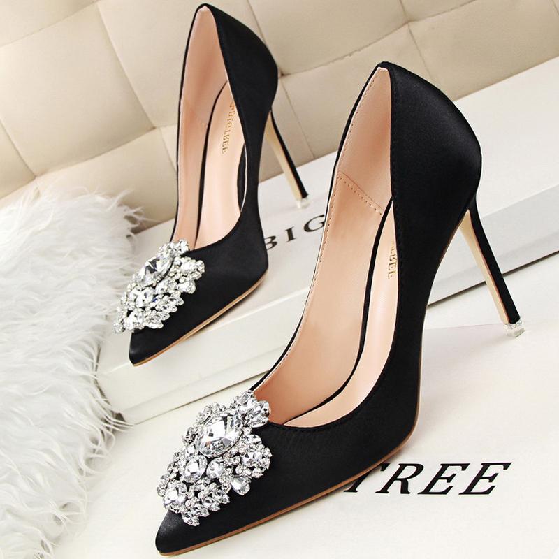 

Dress Shoes Kitten Heels Metal Rhinestones Woman Pumps Wedding High Yellow Beige Black Sexy Party, 1-516-5-black