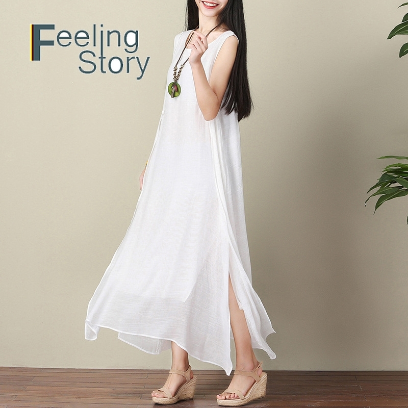 

Womens Summer Dresses Arrival Off Shoulder White Long Dress Sleeveless Cotton Linen Double Literary Dust Vest 210603