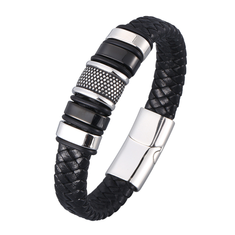 

Mens Hip Hop Style Black Leather Cuff Magnetic Buckle Bracelets for Wholesale