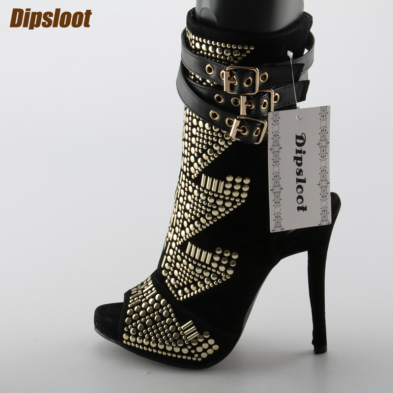 

sandals summer gold rivets women sandals peep toe black suede leather ladies fixed ankle heels high slingback shoe dresses 821j