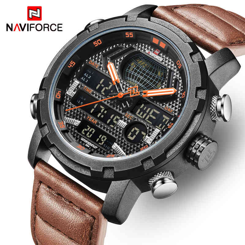 

NAVIFORCE Mens Watches Top Luxury Brand Fashion Sport Watch Men Quartz Digital Clock Man Leather Army Military Waterproof Watch 210517, Black orange