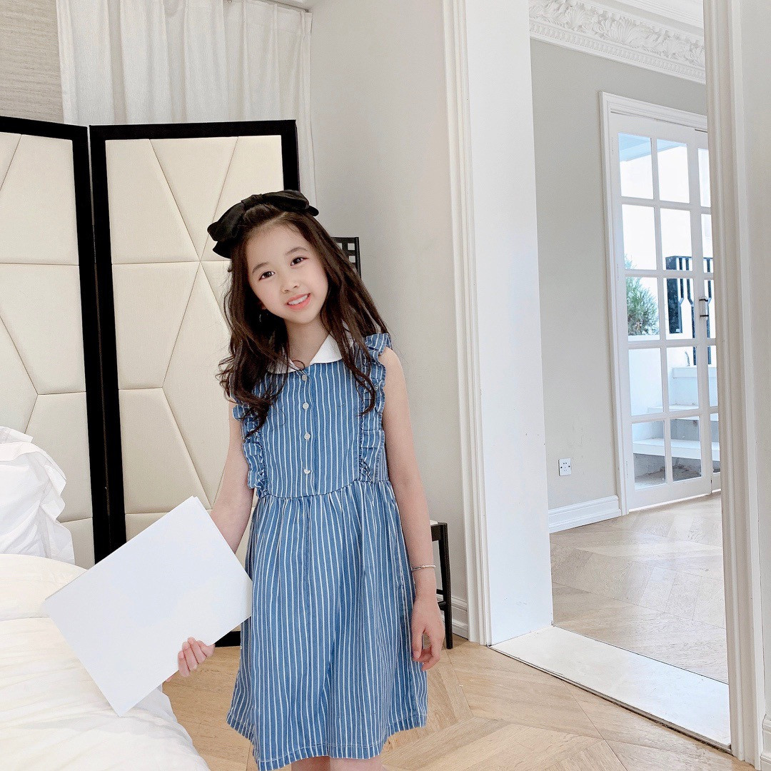 

Summer Denim Dress for girls 2021 kids girl Button Striped Dresses children casual cotton Blue Clothes, Red;yellow