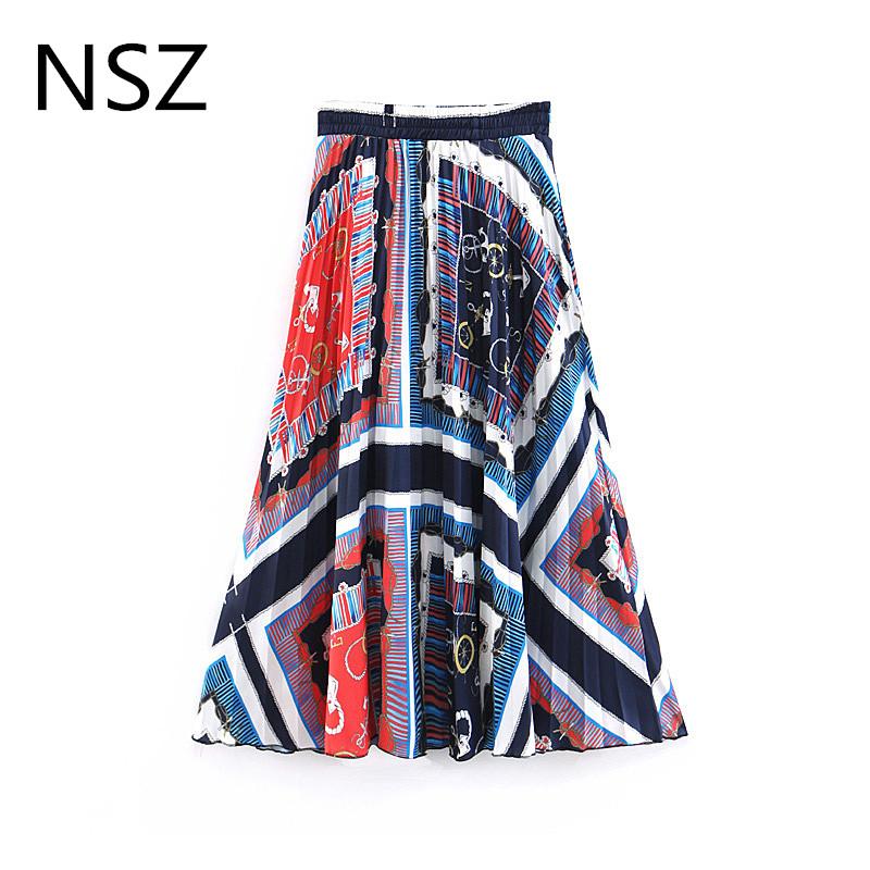 

Skirts NSZ Women Print Pleated Midi Skirt Elastic Waist Loose Casual A-Line, Blue