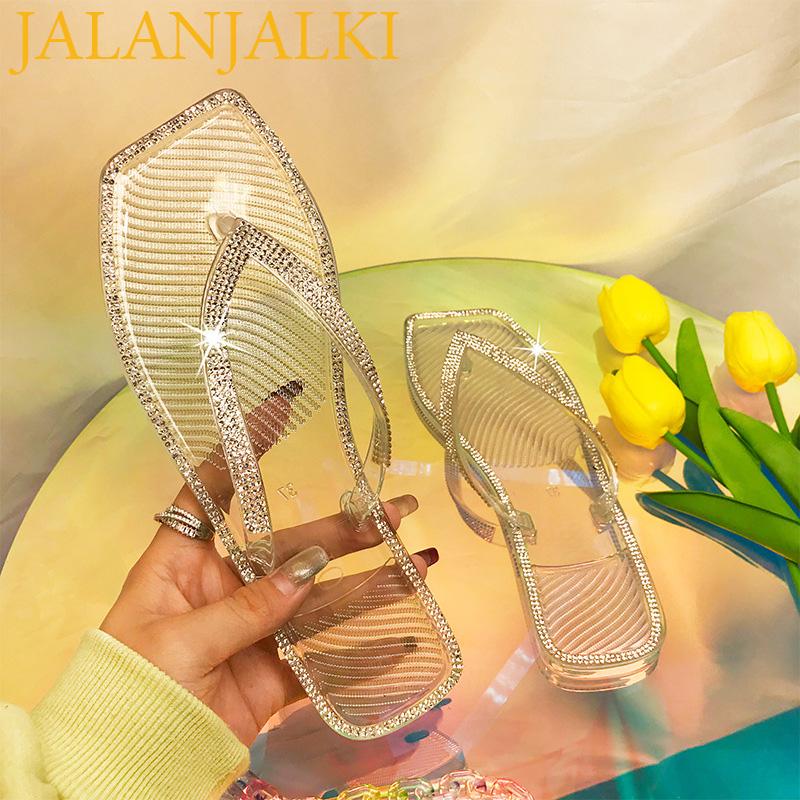 

Slippers JALANJALKI Summer Women Shiny Chain Outdoor Flip-flops Flat Sole Diamond Crystal Jelly Shoes Femal Casual Slides, Black