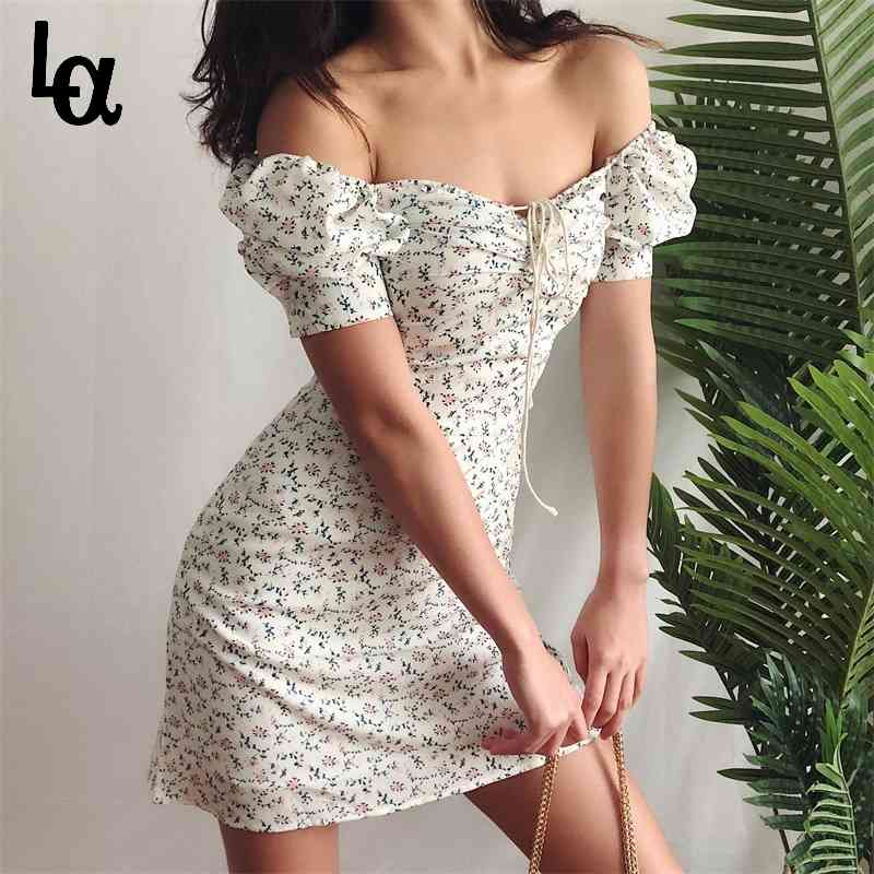 

Summer Dress Retro Boho Women Tie Neck Floral Print Mini Sexy White Elegant Puff Sleeve es Vestidos 210519