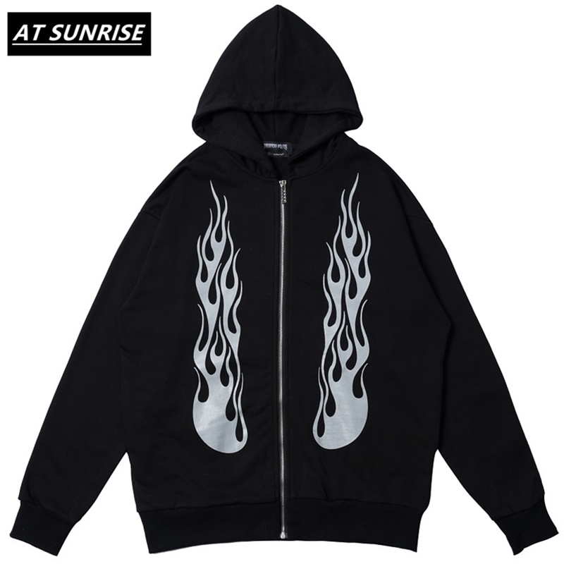 

Casual Loose flame printed Zipper Hoodies Sweatshirts Mens Hip Hop Hipster Rock Streetwear Hoodie Fashion Jumper Tops 210720, Black