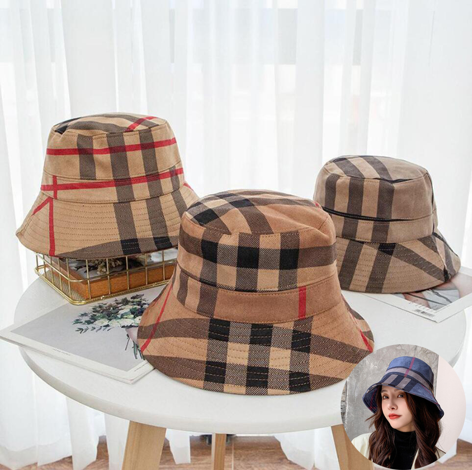 

21SS Travel Sunshade Bucket Hat Wide Brim Hats Fashion Classic Grid Stripe Print Designer Women Nylon Autumn Spring Fisherman Sun Caps Drop ship, As picture