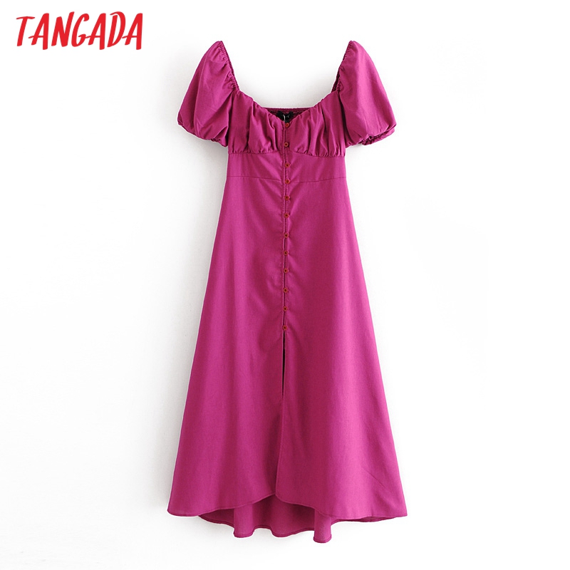 

Tangada 2021 fashion women solid hotpink dress pleated puff short sleeve ladies casual midi dress vestidos 3H671, Roes