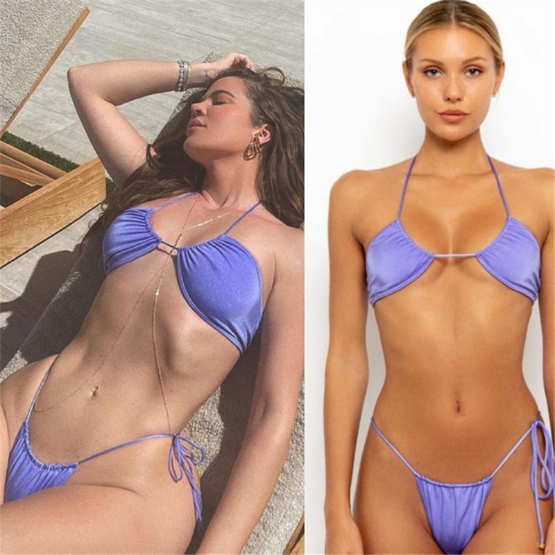 

Women' Swimwear Folds Low Waist Swimsuits For Women Solid Color Sexy Bikini Beach 2 Piece Set Swim Wear Female Bathing Suits 2021 Summer, Purple