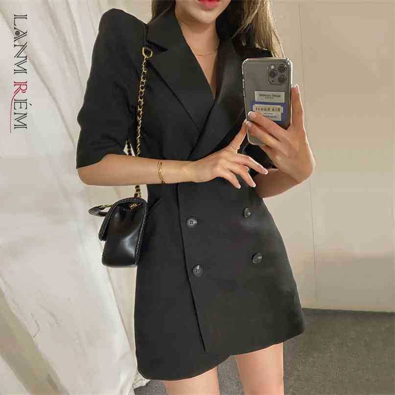 

Women Black Double Breasted Mini Blazer Dress Notched Half Sleeve Loose Fit Fashion Spring Summer 2E1213 210526