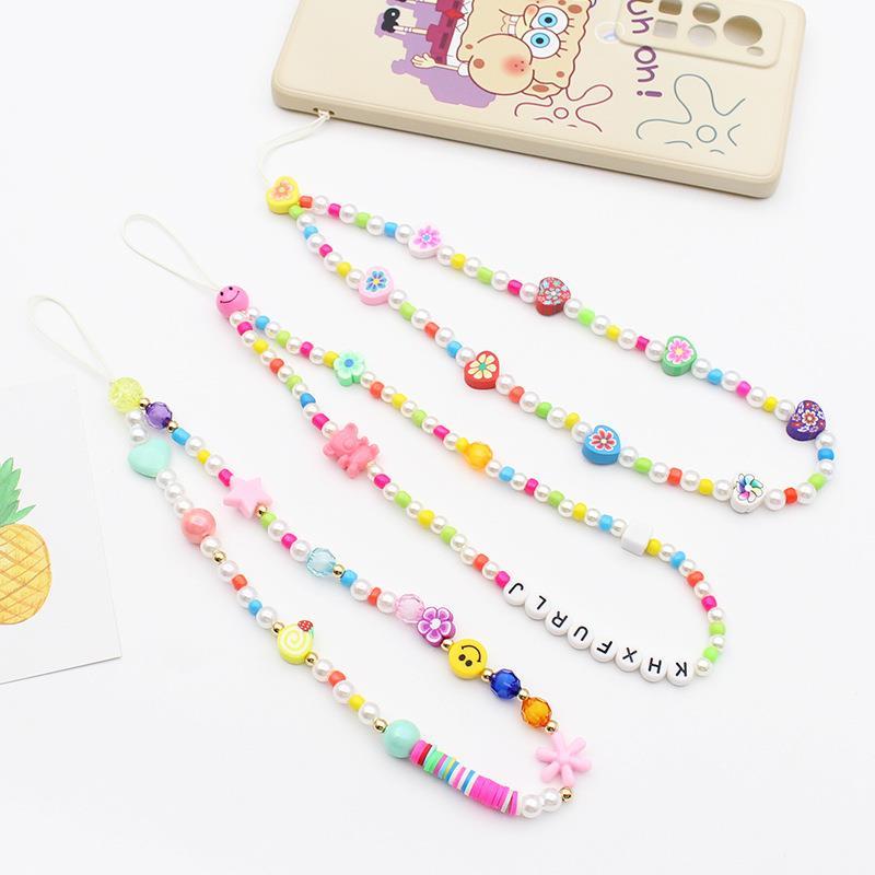 

Keychains Cute Mobile Phone Strap Lanyard Colorful Smile Pearl Flow Beads Soft Pottery Rope For Cell Key Hanging Cord Women