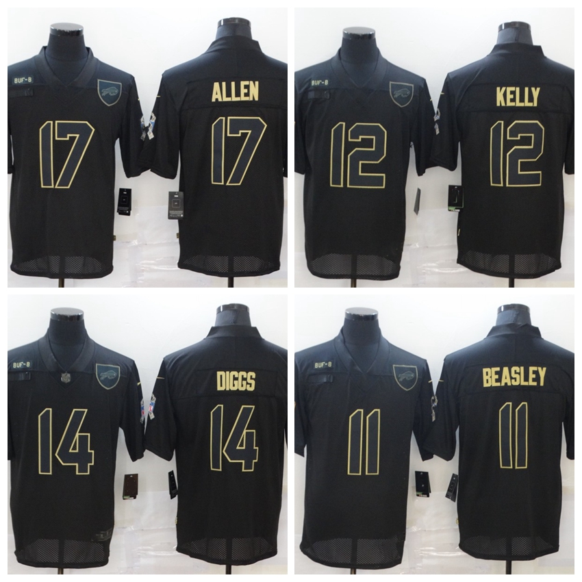 

BuffaloBillsMen 17 Josh Allen 12 Jim Kelly 14 Stefon Diggs 11 Beasley 2020 Salute To Service Retired Limited Football Jersey Black, Black;red