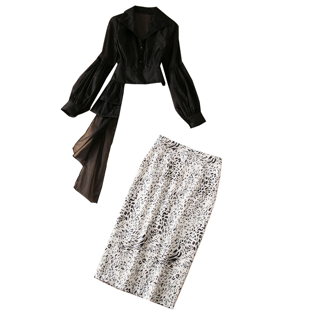 

2022 Spring Long Sleeve V Neck Black Pure Color Single-Breasted Blouse + Knee-Length Skirt Suit Set Two Piece Suits Outfits Matching Sets N160920-05
