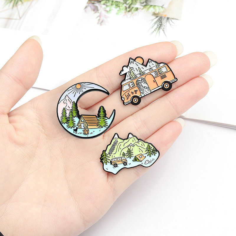 

Fashion holiday travel badge crescent scenery bus tent combination alloy brooch jewelry trend accessories