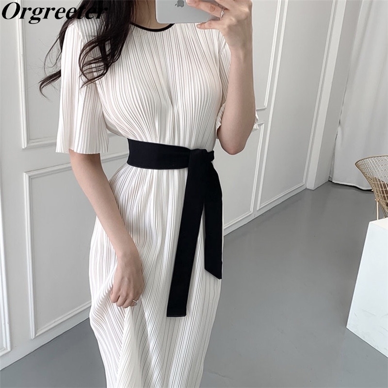 

Korean Chic Temperament Elegant O-neck Luxury Pleated Oversize Long Dress Sashes Lace Up Loose Mid-calf Vestidso 210525, Beige