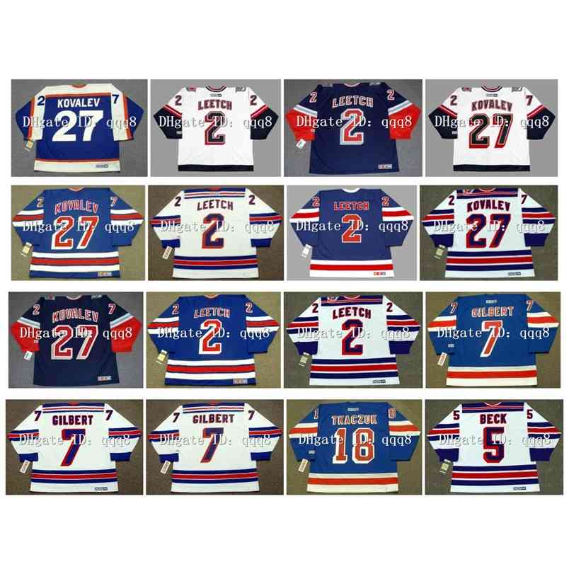 

95 Vintage New York Rangers Jersey 2 BRIAN LEETCH 5 BARRY BECK 7 ROD GILBERT 18 WALT TKACZUK 27 ALEX KOVALEV Blue White CCM Hockey, As pic