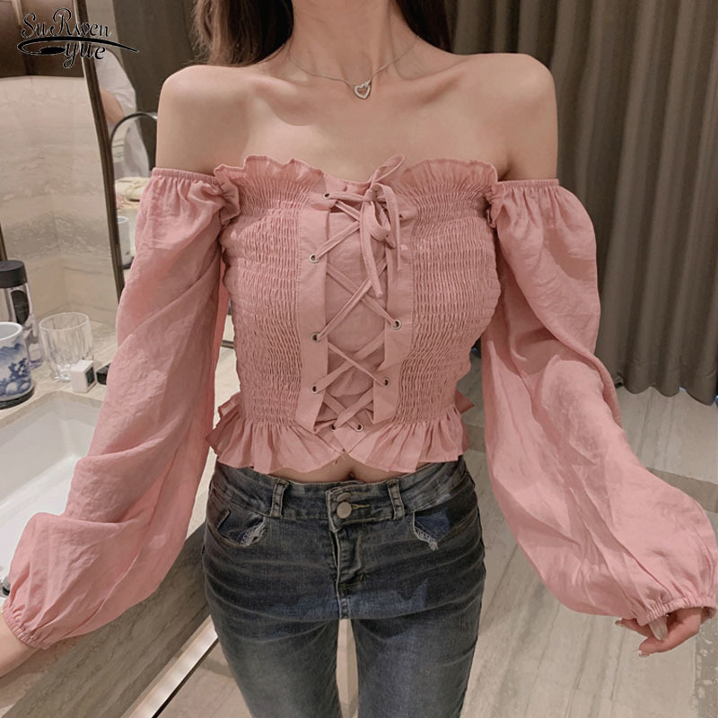 

Autumn Sexy Slash Neck Short Blouses Women Fashion Korean Casual Long Sleeve Shirt Off-Shoulder Ladies' Tops 10447 210521, Black