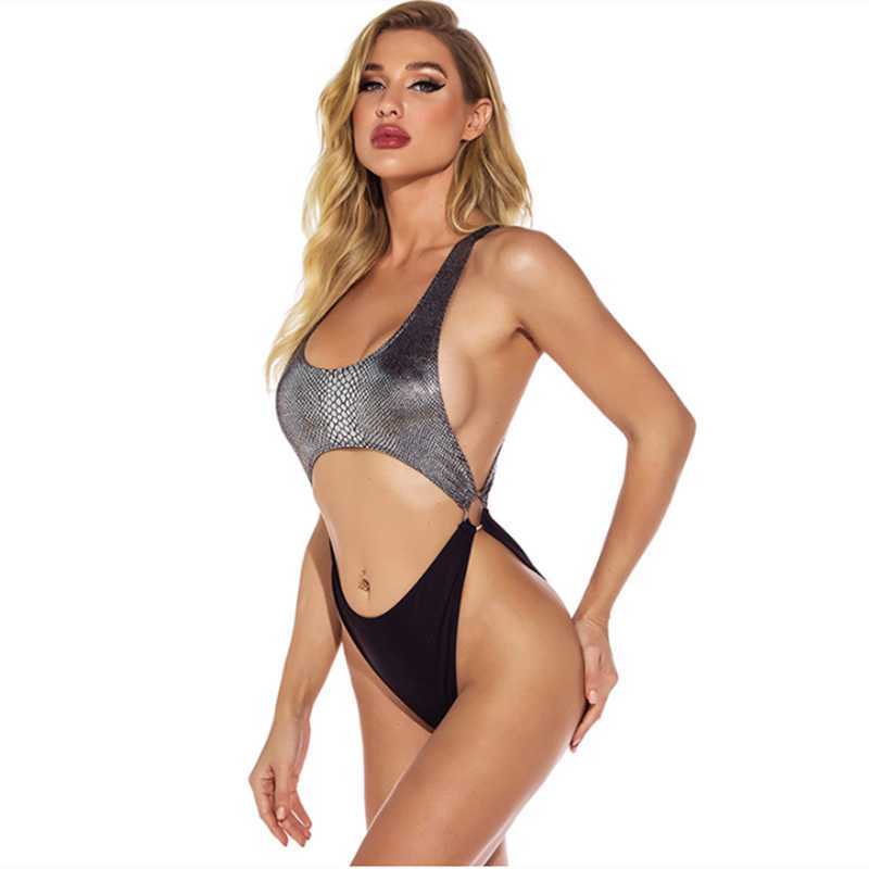 

Cut Out Swimsuit Women Swimwear Female Snake Print Sexy Push Up High Waist Patchwork Bodysuit Bikinis Beachwear 210604, Black