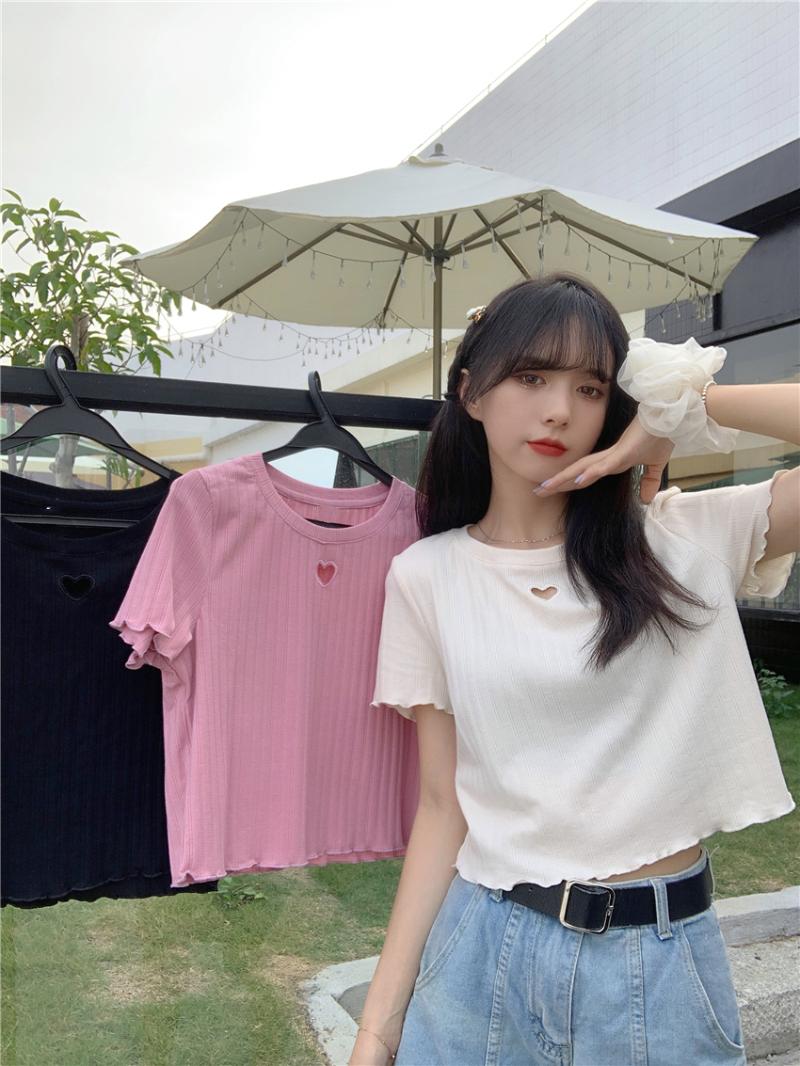 

Women's T-Shirt Summer Style Wood Ears Solid Color Embroidery Hollow Out Small Love Heart O Neck Short Sleeve Women, Black