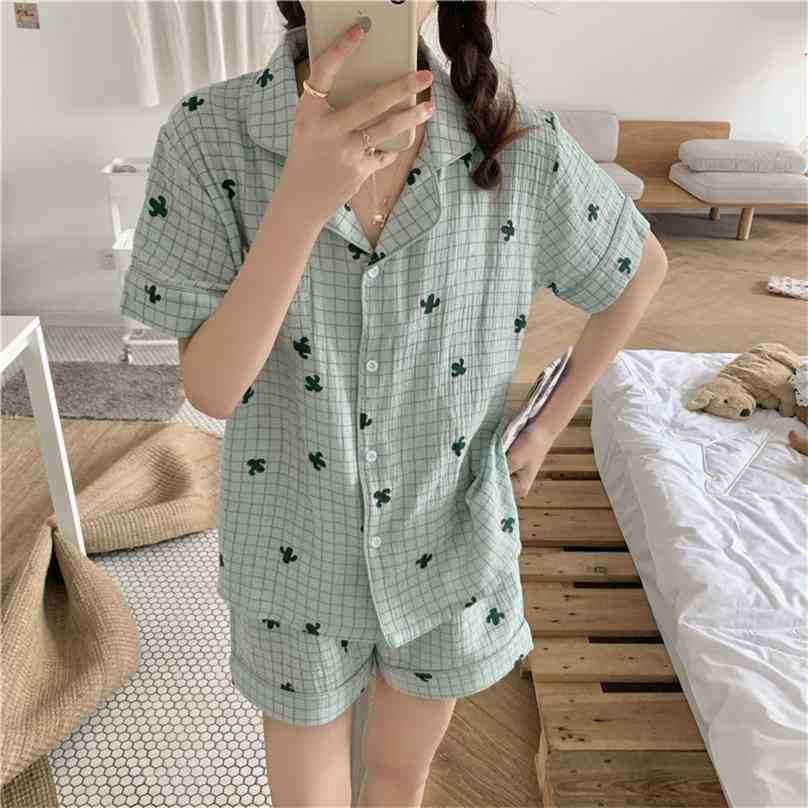 

Soft Sleepwear Plaid Femme Home Chic Summer Girls Loose Short Sleeves Sets Cotton Pajamas Two Piece Suits 210525, Apricot
