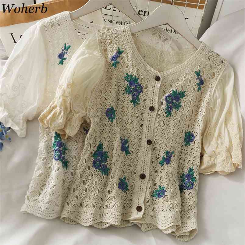 

Floral Embroidery Streetwear Cardigan Summer Vintage Short Sleeve Hollow Out Elegant Casual Top Knit Tops 210519, White