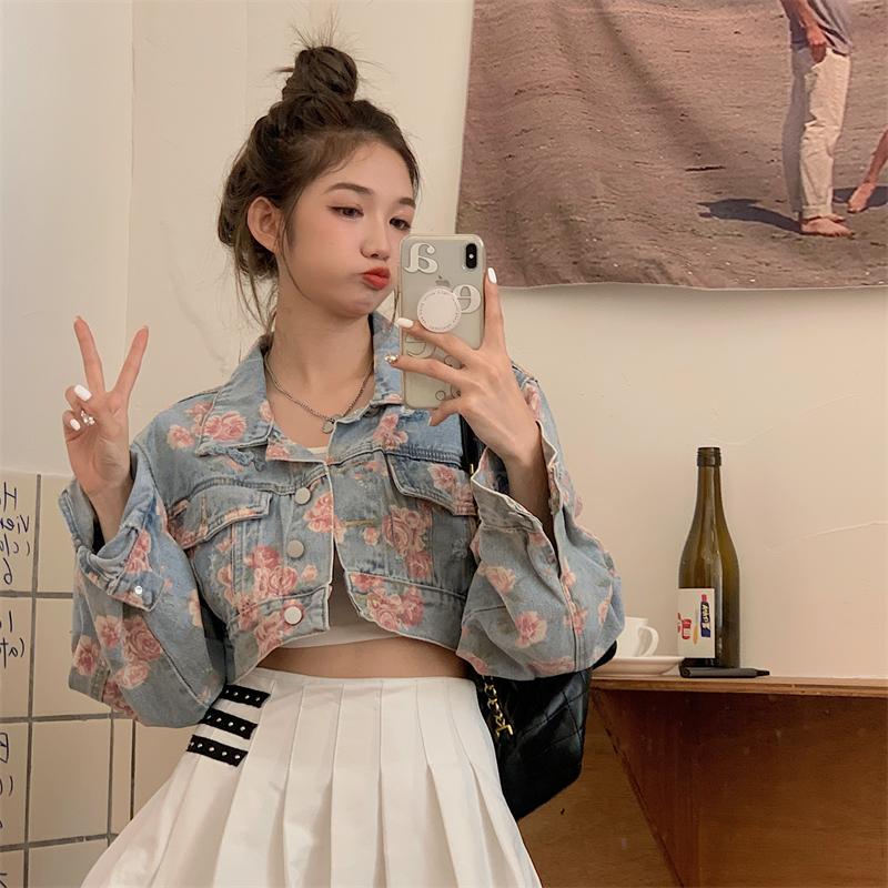 

Women's Jackets Vintage Denim Coat Women Autumn Rose Pattern Loose Female Jacket Outerwear Casual Short Blue, Blue jackets
