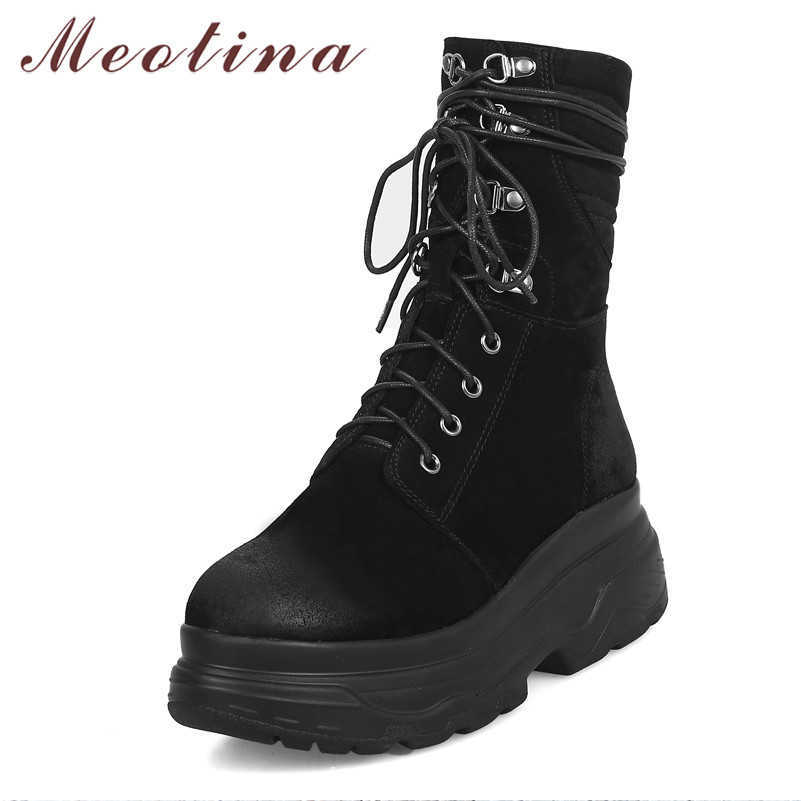 

Meotina Winter Ankle Boots Women Cow Suede Flat Platform Motorcycle Boots Real Leather Zipper Shoes Ladies Fall Plus Size 33-43 210608, Black