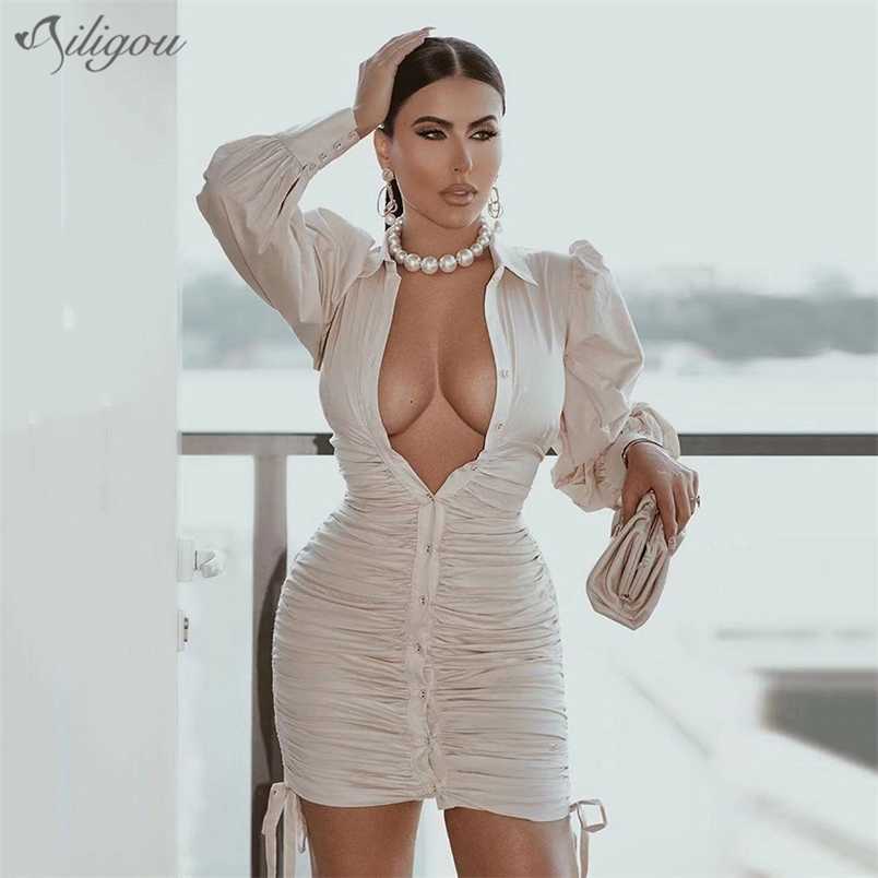 

Elegant White Shirt Women Summer Casual Office Pleated Design Mini Long Sleeve V-Neck Sexy Party Dress 210525