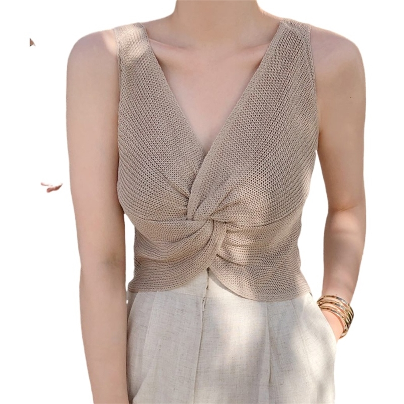 

Fashion women's vest temperament design sense knitted camisole sexy short sleeveless two-sided wear crop top women 210520, White