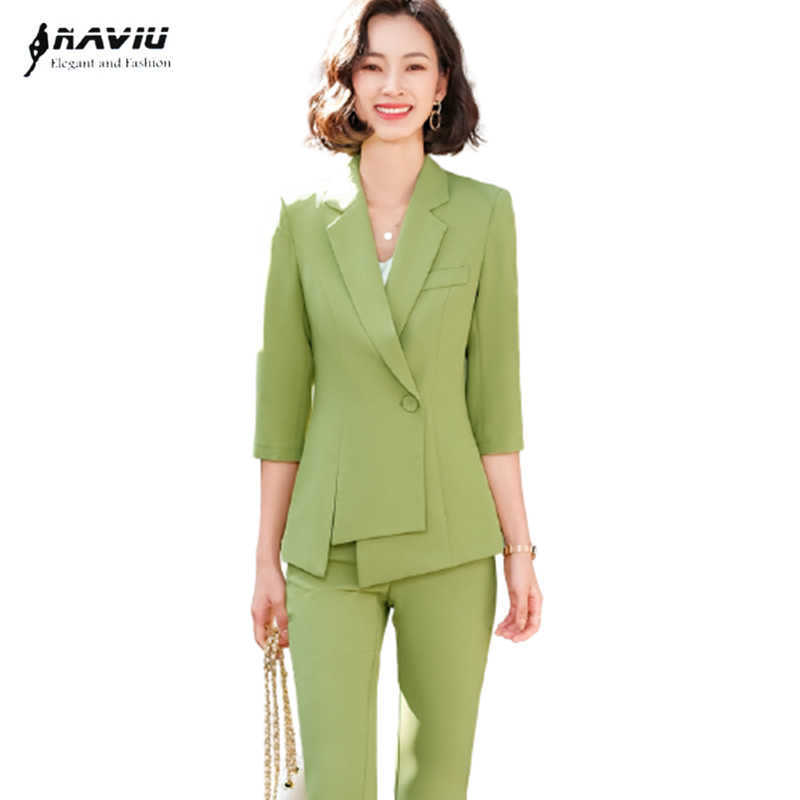 

Fashion Suit Spring Half Sleeve Business Temperament Formal Slim Blazer And Pants Office Ladies Work Wear 210604, Pink blazer