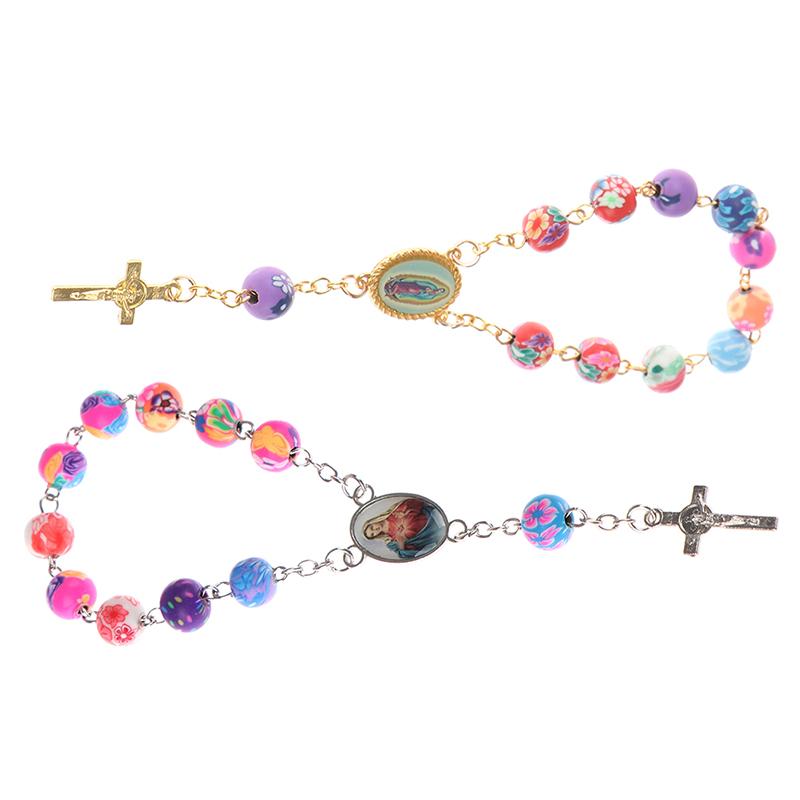 

Colorful Polymer Clay Bead Rosary Pendant Bracelet Alloy Cross Virgin Mary Centrepieces Christian Catholic Religious Jewelry 8mm Charm Brace