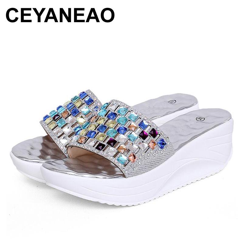 

Sandals CEYANEAORhinestone Wedge Platform Women's Summer Bohemian Style Shoes Fashion SandalsE098, Black