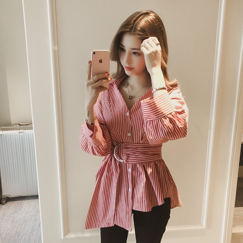 

Women' Blouses & Shirts Fashion Irregular Patchwork Striped High Waist Shirt For Women Female' Sleeve Long Blouse With Belt, 4#