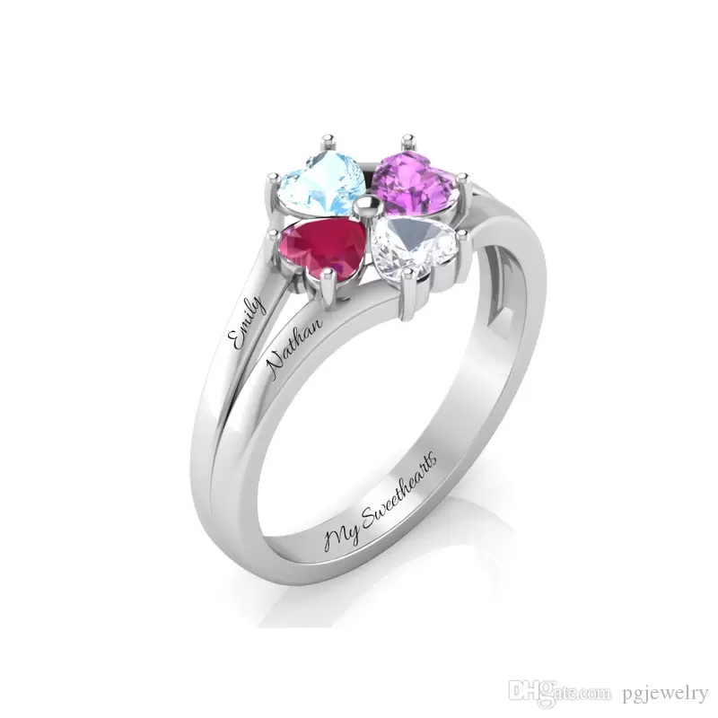 

New arrival 2 Pieces/Pack Personalized 925 Sterling Silver Engraved 4 Heart-Shaped Birthstones Ring Custom Silver Jewelry Mother's Day
