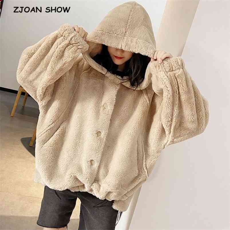 

HIGH QUALITY Winter Stay Warm Oversize Hooded Large size Faux Fur Coat Casual Hoodies Long sleeve Women Jacket Outwear 210429, Beige