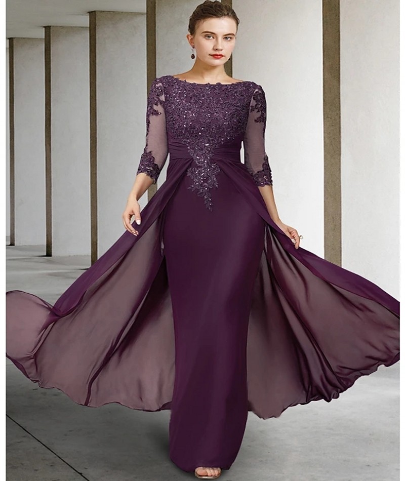 

2023 Purple Vintage Purple Mother of Bride Dress Jewel Sequin Appliques Sleeves Godmother Wedding Party Gowns Robe De Soiree