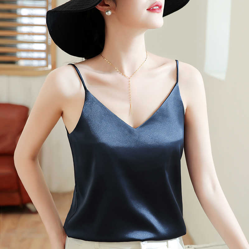 

Elegant Silk Women Tops Woman Satin Camis White Plus Size Sleeveless Halter Sexy Strap 210604, Green