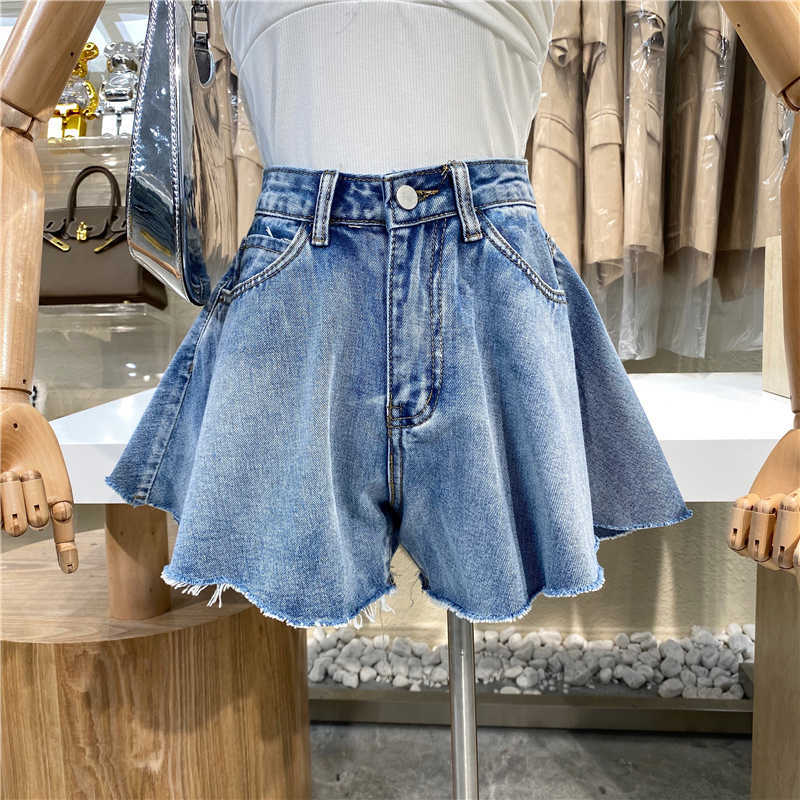 

[EWQ] Women Summer Fashion Casual Versatile Loose All Match High Waist Vacation Straight Barren Denim Shorts 16W1002 210611, Blue