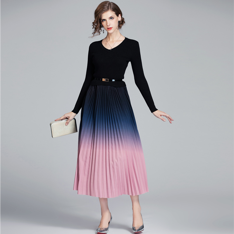 

Women Autumn Winter Elegant Knitted Patchwork Pleated Midi Dress Woman Office Party Robe Ladies Vintage Sweater Dresses Vestidos 210525