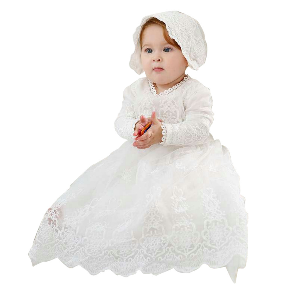 Girl&#039;s Baby Christening Gowns For Toddler Girls Lace Bonnet Long Sleeve White Newborn Infant Baptism Dresses Clothing 3M 6M 12M 2T 1023-image-689172332