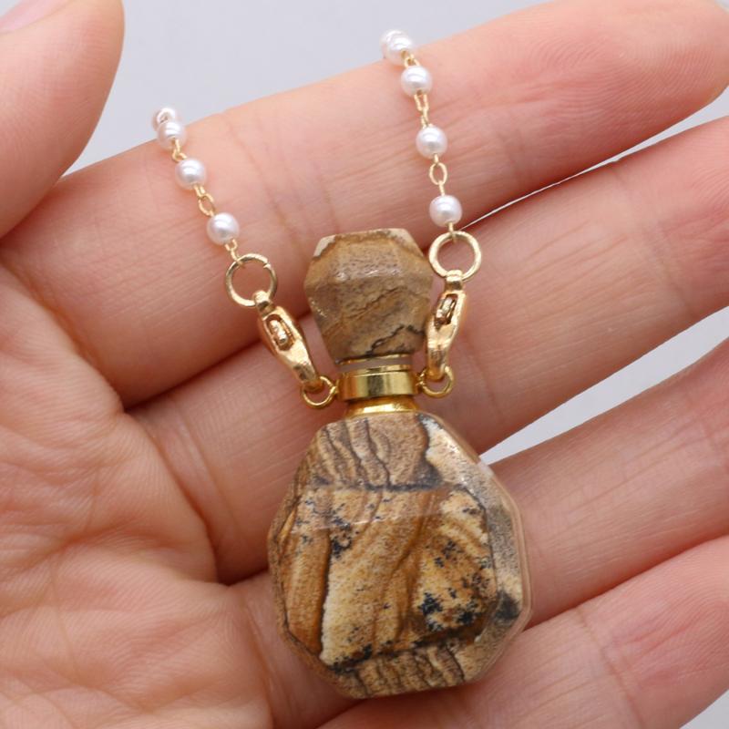 

Pendant Necklaces Natural Picture Stone Perfume Bottle Necklace Double Hole Essential Oil For Women Jewelry