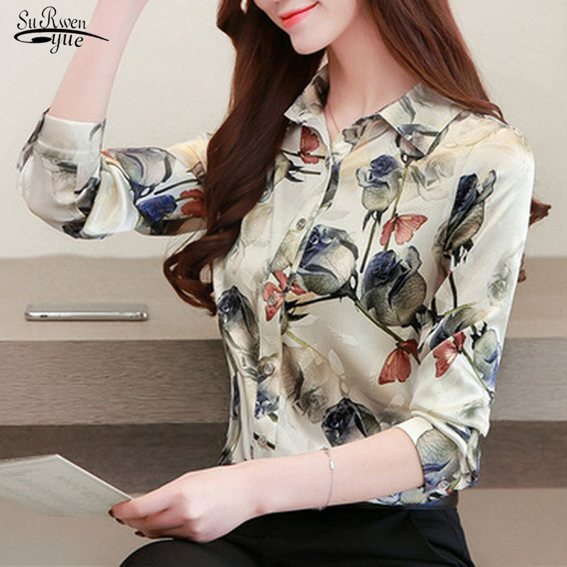 

Blusas Autumn Fashion Silk Shirts Women Blouses Long Sleeve Shirt Tops Rose Floral Print Blouse Plus Size -4XL 10725 210521