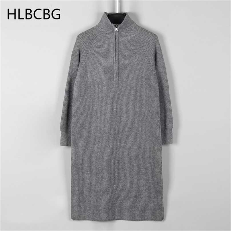 

HLBCBG Long Knit Sweater Dress For Women Autumn Winter Thick Warm Maxi Elegant Zipper Robe Femme Vestidos 211109, Black
