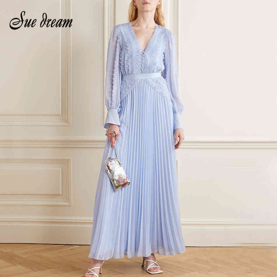 

Summer Women's Fashion Casual Blue Long-sleeved V-neck Lace Chiffon Pleated Long Dress Bodycon Club Party Runway 210519